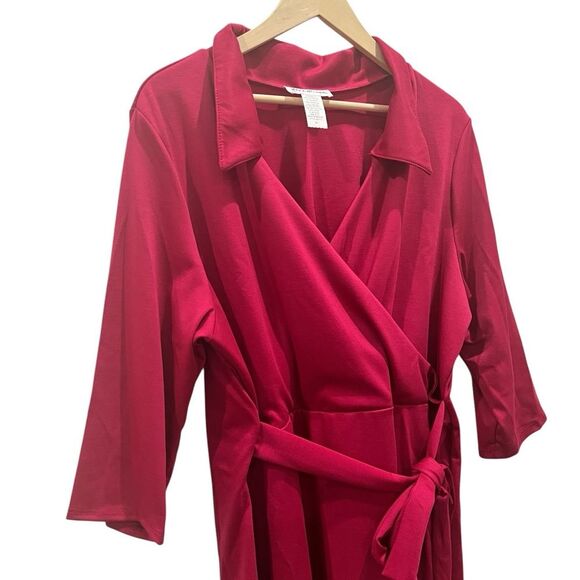 Berry Red Faux Wrap Collared Dress 3/4 Sleeve Tie Waist Plus Size 1X NWOT - Picture 3 of 6